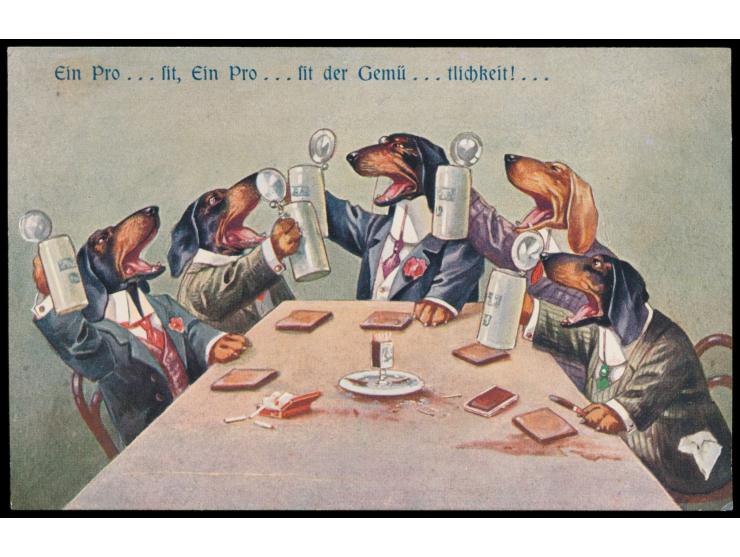 Hunde (Dackel) in vermenschlichter Darstellung:  Lot von 7 Künstler-Ansichtskarten, dabei 4 mit Signatur Arthur Thiele, 3 ohn