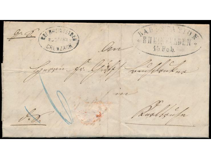 Faltbrief mit Inhalt aus Grenzach vom 14.2.1865 nach Karlsruhe, Ovalstempel &nbsp;Rheinfelden Postabl. Grenzach &nbsp;und gro