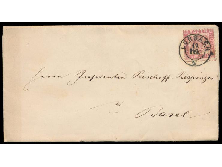 Einzelfrankatur 3 Kr. (zwei kurze Zähne) auf Faltbrief mit Stempel &nbsp;Lörrach &nbsp;19.2.(1868) nach Basel, &nbsp;Grenzver