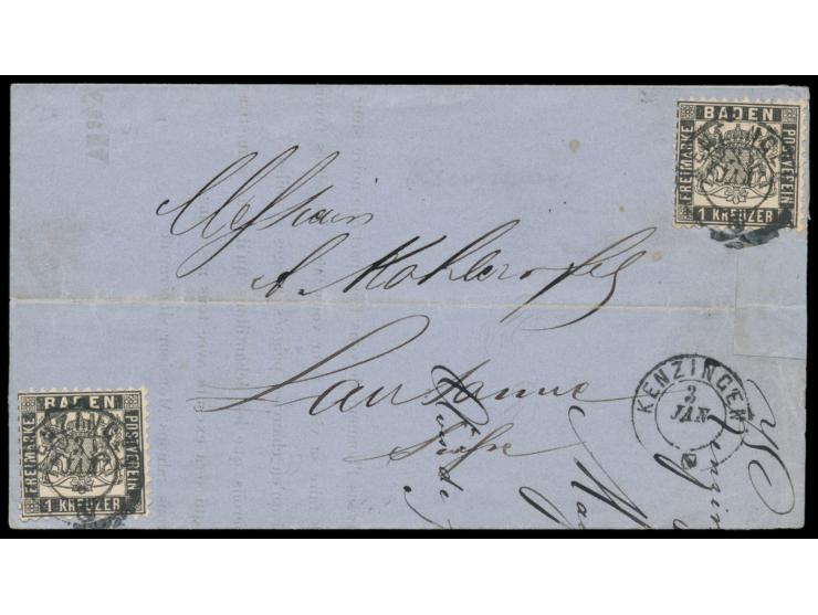 2 x 1 Kr. auf  Falt-Drucksache in die Schweiz,  Stempel Kenzingen 3.1.(1869), rückseitig schweizer Bahnpoststempel Lausanne -