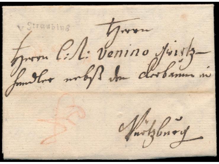 "v. Straubing" , sehr seltener L1 auf Faltbrief nach Würzburg, mit komplettem Inhalt vom 20.7.1787, Feuser 3478-1 = 1000 
Po