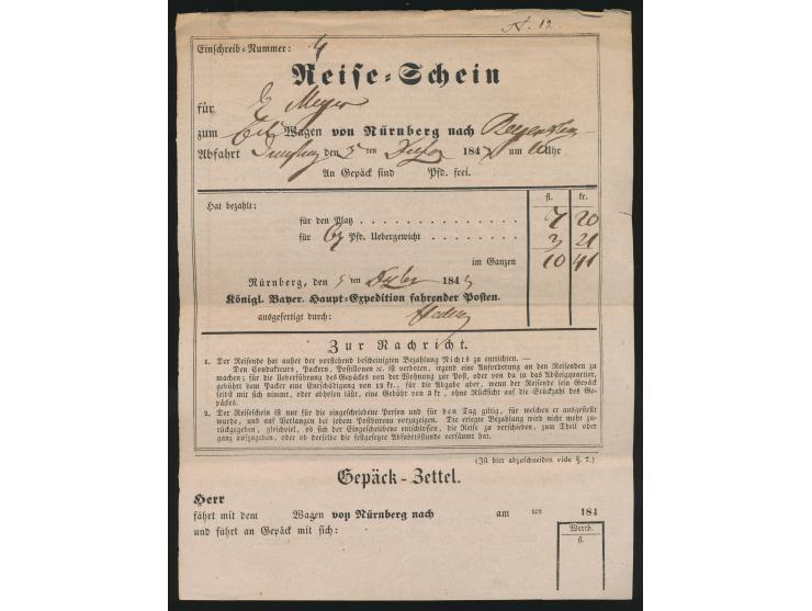 Reiseschein  zum Eilwagen von  Nürnberg  nach Regensburg am 5. Dezember 1843, mit anhängendem  Gepäckzettel  (üblicherweise a
