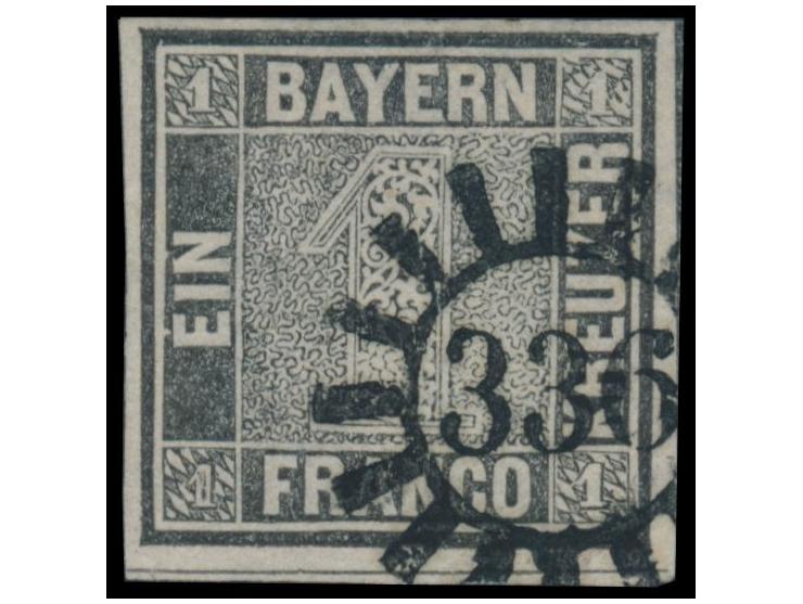 1 Kreuzer  grauschwarz, Platte 2, Mühlradstempel 336 (Straubing), allseits breitrandig, unten mit voller Zwischenlinie, Fotoa