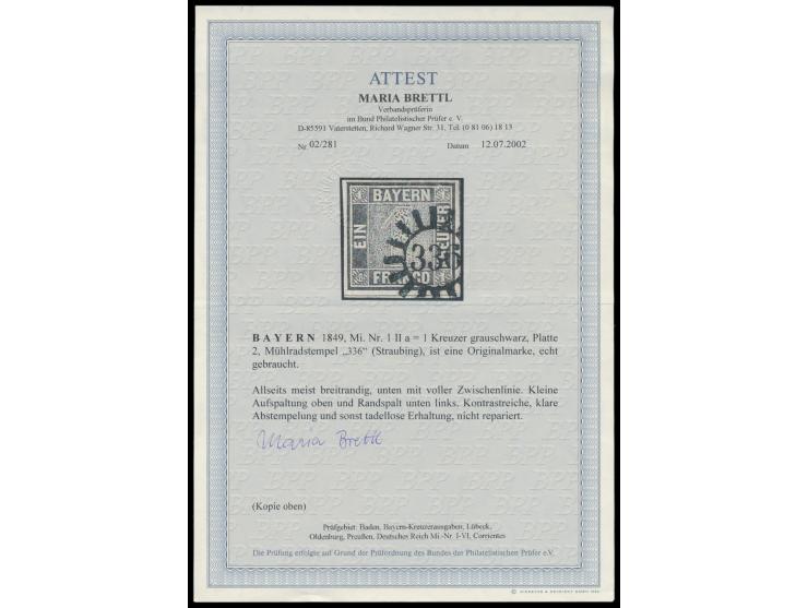 1 Kreuzer  grauschwarz, Platte 2, Mühlradstempel 336 (Straubing), allseits breitrandig, unten mit voller Zwischenlinie, Fotoa