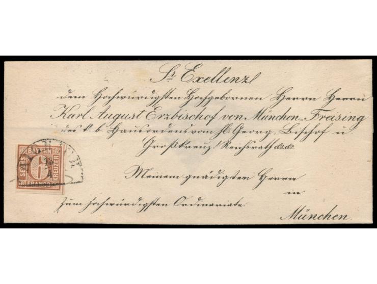 6 Kreuzer Type I  (voll- bis breitrandig) mit Halbkreisstempel  Aichach  13.4.(1850) an den Erzbischof von München-Freising i