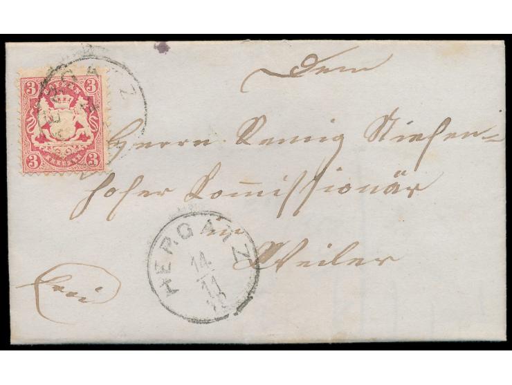 3 Kr. auf Faltbrief mit seltenem Einkreisstempel  Hergatz  14.11.72 (mit Jahreszahl), Sem Nr. 12a, nach Weiler, Ankunftstempe