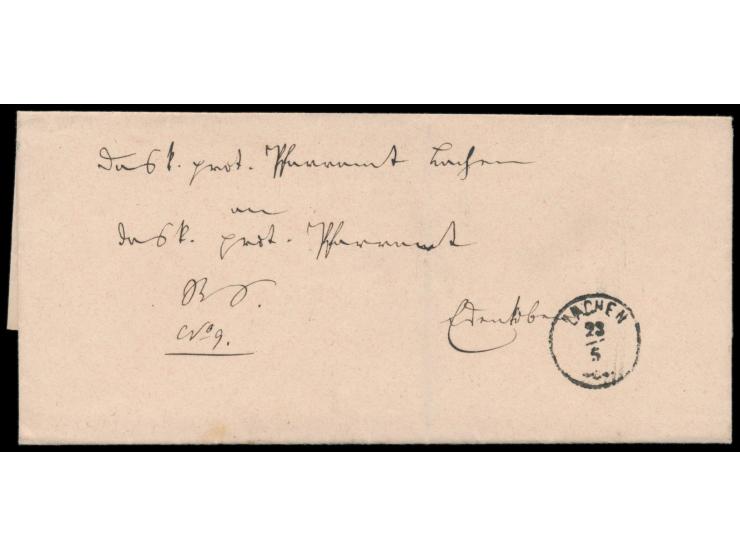 Dienst-Briefhülle mit seltenem kleinem K1  Lachen 23.5.  mit Zierstück unten, Rückseite Ankunftsstempel Halbkreisstempel Eden