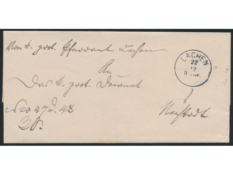 Dienst-Briefhülle mit seltenem kleinem K1  Lachen 23.5.  mit Zierstück unten, Rückseite Ankunftsstempel Halbkreisstempel Eden