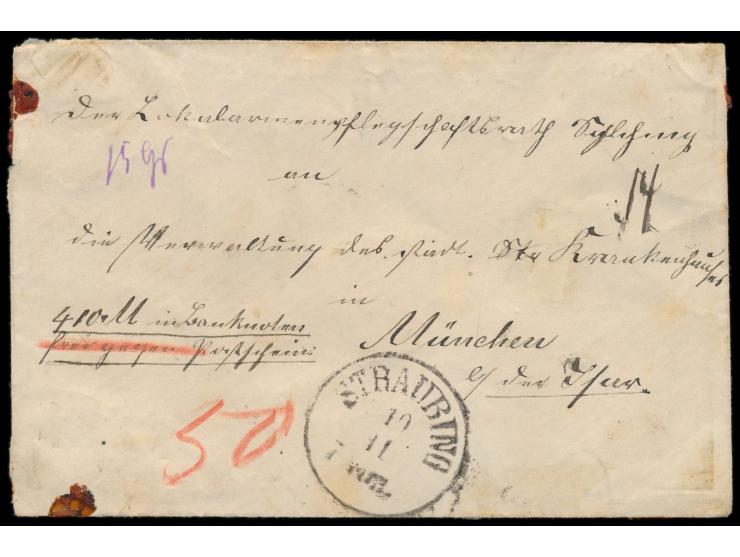 Einzelfrankatur 50 Pf. zinnoberrot (Ausgabe 1876) rückseitig auf kleinformatigem gesiegeltem Wertbrief nach München, Stempel 