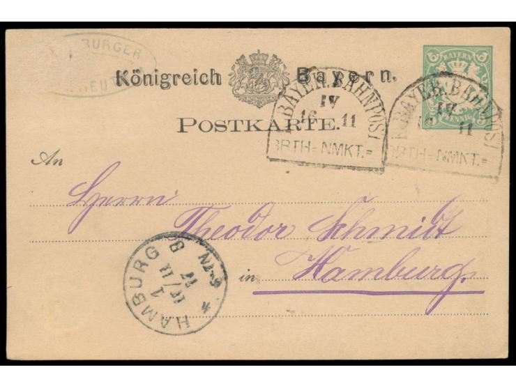 zwei Ganzsachen mit Halbkreisstempel  K. Bayer. Bahnpost Brth-Nmkt.  16.11.77 (Kurs IV) und 8.3.81 (Kurs II), Strecke Bayreut
