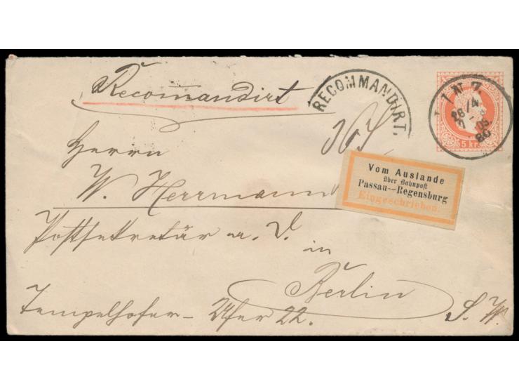 Österreich, Ausgabe 1867: Ganzsachenumschlag 5 Kr. mit rückseitig 2 x 5 Kr., Stempel &nbsp;Linz &nbsp;28.4.1880, Halbrundstem