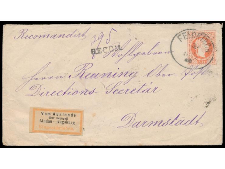 Österreich, Ausgabe 1867: Ganzsachenumschlag 5 Kr. mit rückseitig 2 x 5 Kr., Stempel  Feldkirch  3.10.1880, Stempel  Recom., 