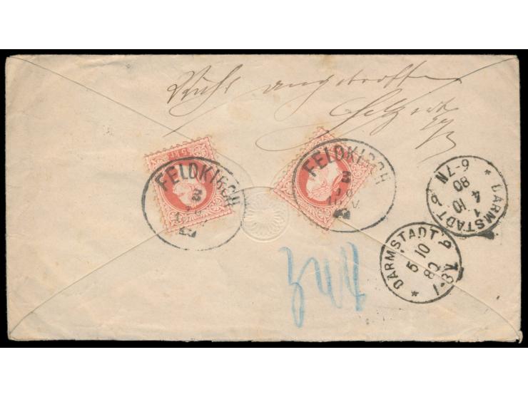 Österreich, Ausgabe 1867: Ganzsachenumschlag 5 Kr. mit rückseitig 2 x 5 Kr., Stempel  Feldkirch  3.10.1880, Stempel  Recom., 