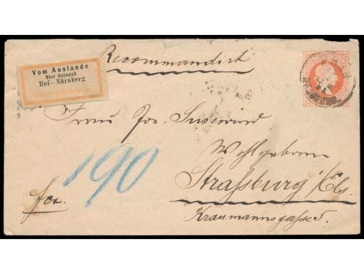 Österreich, Ausgabe 1867: Ganzsachenumschlag 5 Kr. mit rückseitig 2 x 5 Kr., Stempel &nbsp;Prag Recomnd. &nbsp;24.7.81, &nbsp