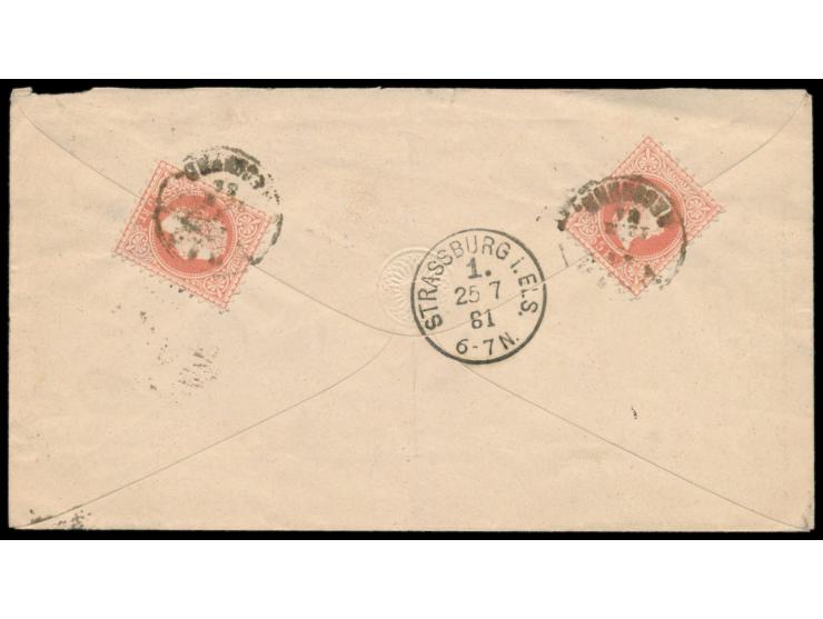 Österreich, Ausgabe 1867: Ganzsachenumschlag 5 Kr. mit rückseitig 2 x 5 Kr., Stempel &nbsp;Prag Recomnd. &nbsp;24.7.81, &nbsp