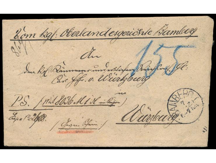 unfrankierter  Wertbrief  mit Wertangabe 8036 M. "gegen Schein" des K.B. Oberlandesgericht Bamberg nach Würzburg, Stempel  Ba