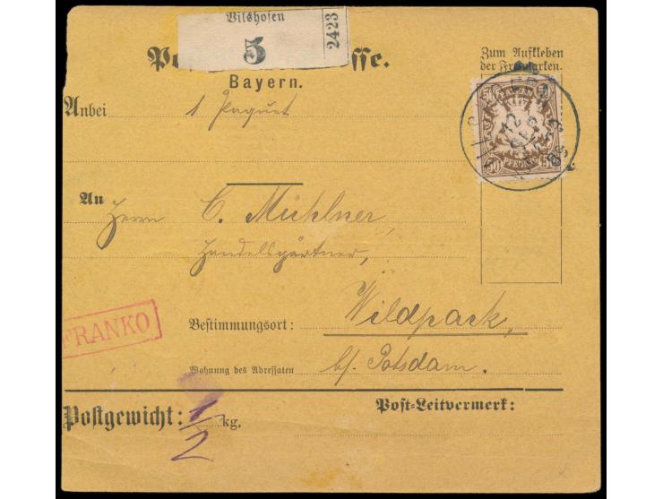 Einzelfrankatur 50 Pf. auf  Paketkarte  mit Stempel  Vilshofen  12.9.89 nach Wildpark bei Potsdam, rückseitig Bahnpost-Durchg