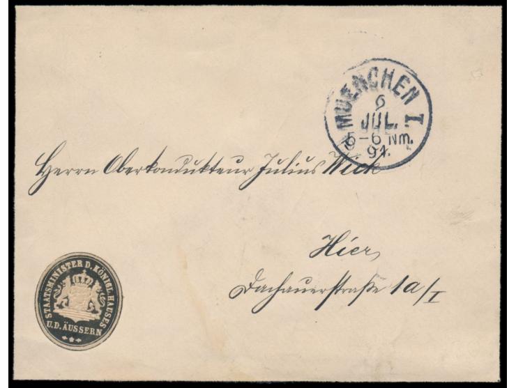 Trauerumschlag mit kleiner schwarzer Prägedruck-Siegelmarke  "Staatsminister d. Königl. Hauses u. d. Äussern"  als portofreie