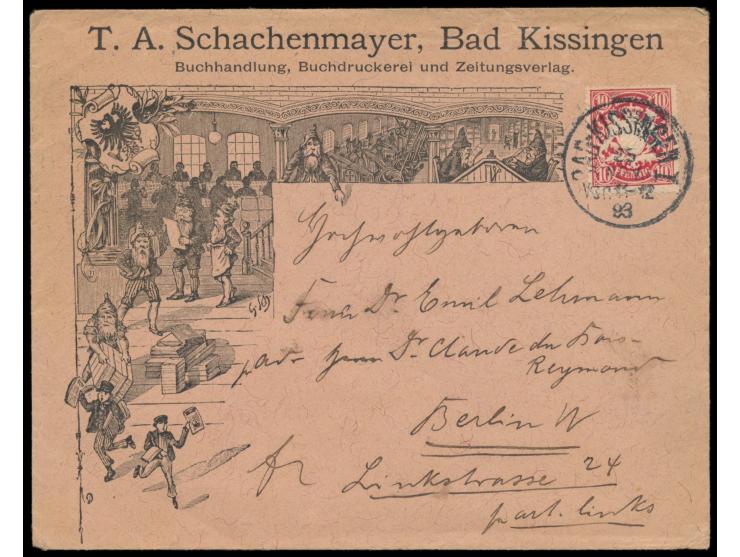 zwei Reklameumschläge  "T. A. Schachenmayer, Bad Kissingen, Buchhandlung, Buchdruckerei und Zeitungsverlag" mit bildlichen Da