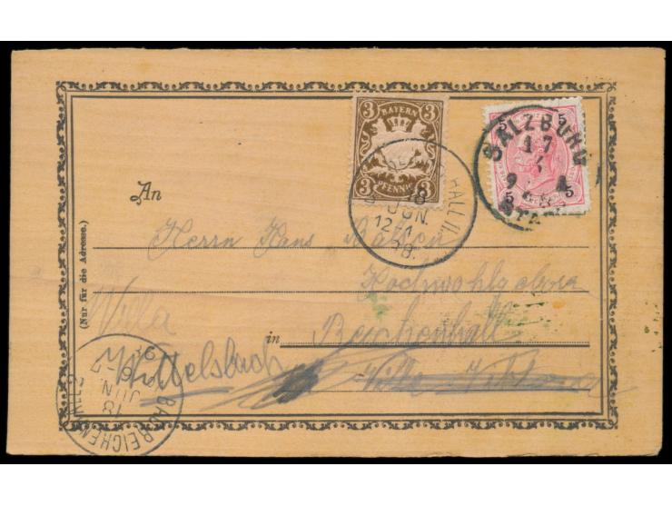 Holz-Postkarte mit Österreich 5 Kr. aus &nbsp;Salzburg &nbsp;17.6.98 nach Reichenhall, dort mit &nbsp;Nachsendefrankatur &nbs