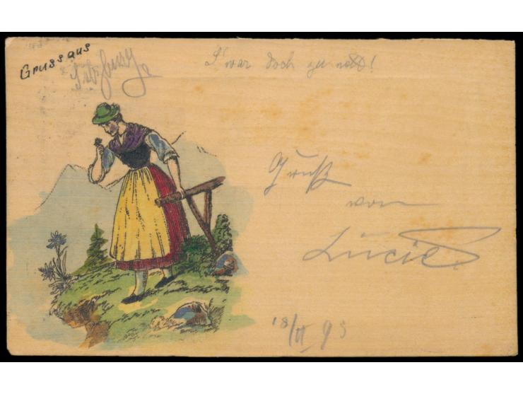 Holz-Postkarte mit Österreich 5 Kr. aus &nbsp;Salzburg &nbsp;17.6.98 nach Reichenhall, dort mit &nbsp;Nachsendefrankatur &nbs