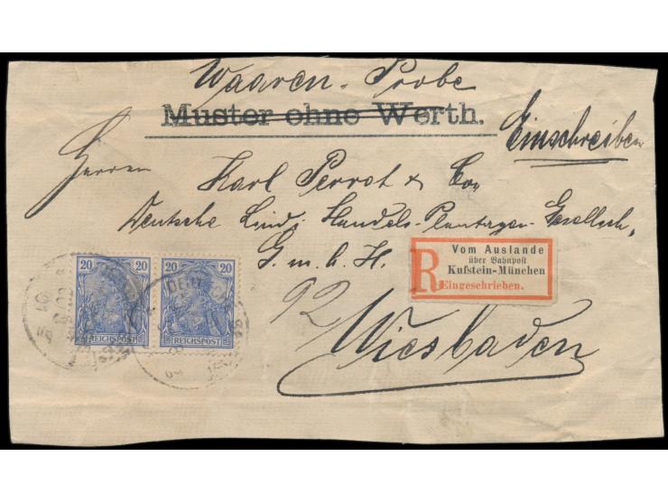 20 x 20 Pf. Germania "Reichspost" auf Adressausschnitt einer  Einschreiben-Warenprobe  mit Stempel Deutsche Seepost Ost-Afrik