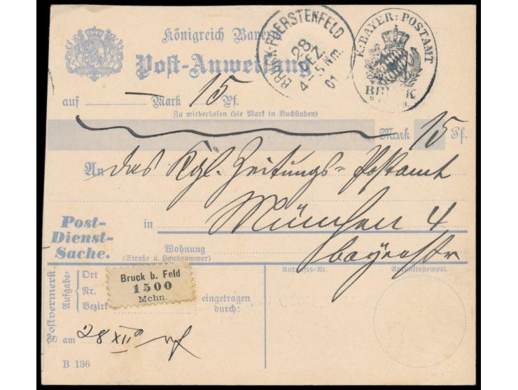 Postanweisung - Postdienstsache  auf 15 Pf. für eine Zeitung, Stempel  Bruck-Fürstenfeld  28.12.01 und Postamt-Dienstsiegel B