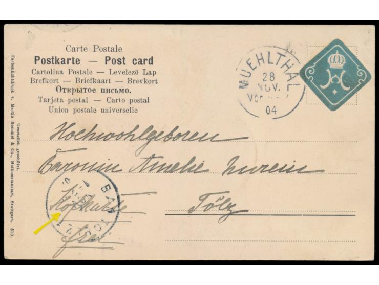 Ansichtskarte mit Portofreiheitsvermerk "Hofkarte frei" und kleiner Prägedruck-Siegelmarke, Stempel  Muehlthal  28.11.04, nac