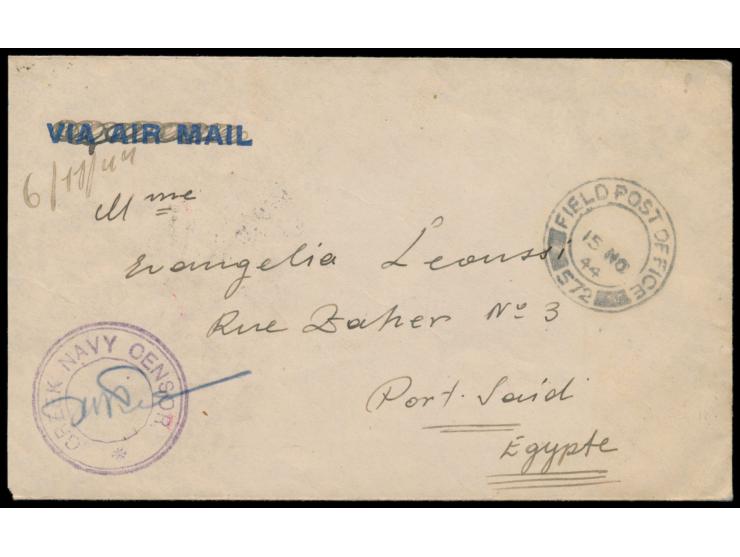 Stempel  Field Post Office 572  15.11.44 und violetter Zweikreisstempel  Creek Navy Censor  auf Brief eines Angehörigen der g