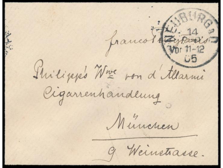Trauerbrief mit Stempel  Neuburg a.D.  14.9.05 nach München, handschriftlich  "Franco Prinz Taxis",  Ankunftsstempel 14.9.05
