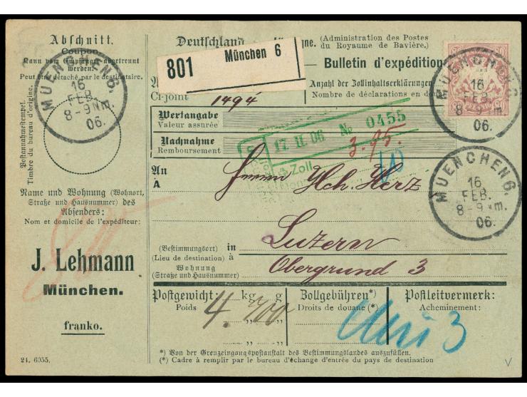 Einzelfrankatur &nbsp;80 Pfg. Wappen auf kompletter Auslands-Paketkarte der Firma J. Lehmann, Marken mit &nbsp;Firmenlochung 