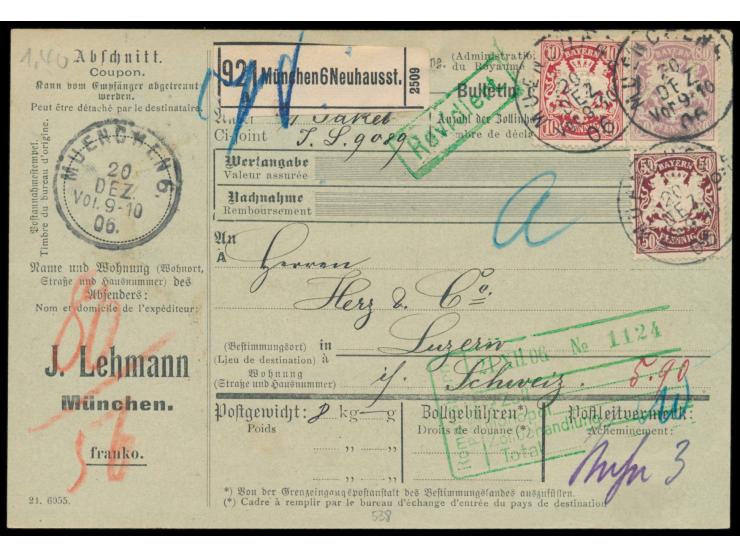 10, 50 und 80 Pfg. Wappen auf kompletter Auslands-Paketkarte der Firma J. Lehmann, Marken mit &nbsp;Firmenlochung &quot;I.L.&