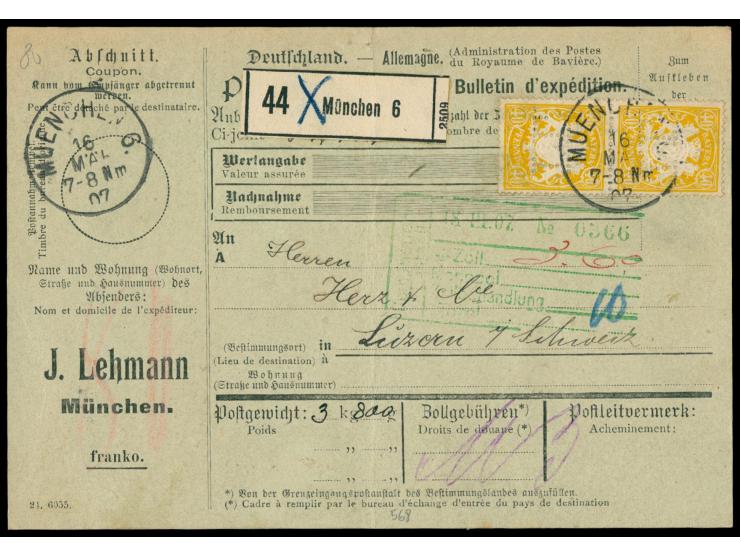 Mehrfachfrankatur &nbsp;2x 40 Pfg. Wappen auf kompletter Auslands-Paketkarte der Firma J. Lehmann, Marken mit &nbsp;Firmenloc