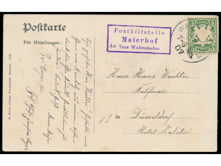 5 Pfg. Wappen auf Ansichtskarte Memhölz, R3 Posthilfsstelle &nbsp;Maierhof Taxe Waltenhofen, &nbsp;Stempel Waltenhofen 1907, 