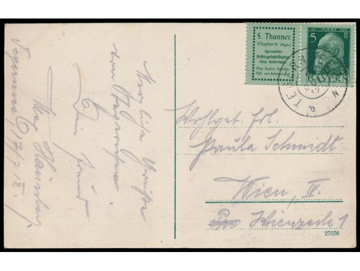 waagerechter  Zusammendruck  5 Pf. mit Reklamefeld "F. Thanner" (unten üblicher Heftchenschnitt) auf Postkarte, Stempel  Tege
