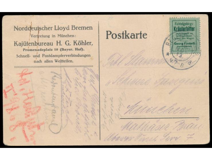 Reklamefeld  "Fichtelgebirgs Kräuterbitter ..." aus Markenheftchen (R  52) anstelle einer 5 Pf.-Marke auf Ansichtskarte, Stem