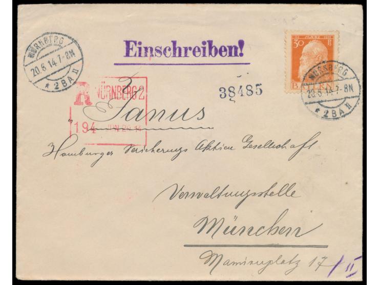 Einzelfrankatur 30 Pf. auf Einschreibbrief mit Stempel Nürnberg 2 B A 20.6.14,  R-Automatenstempel Nürnberg 2  20.6.14, nach 