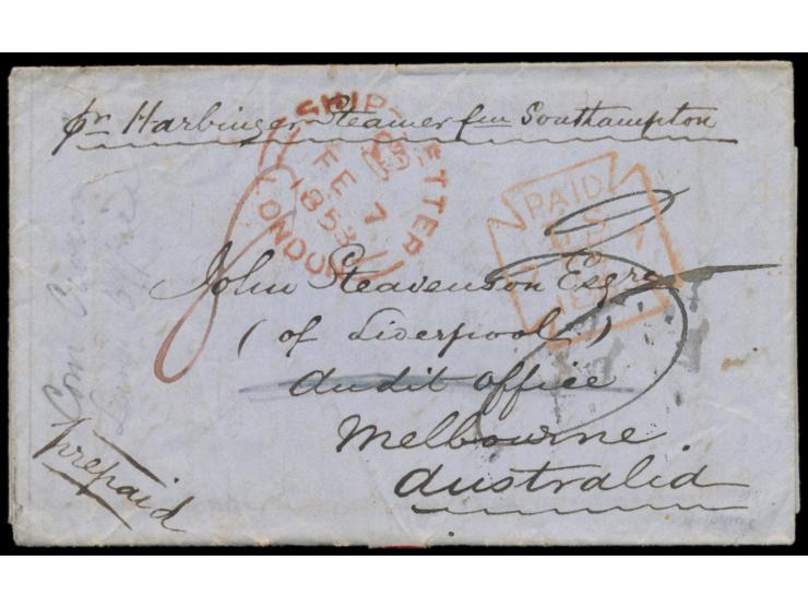 roter Stempel  Ship Letter London  7.2.53 und roter Stempel Paid 7.2.53 auf Faltbriefhülle mit Teil des Inhalts  nach Melbour