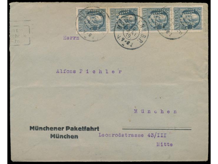 senkrechter Vierertreifen 2 Pf. König Ludwig mit seltener  Firmenlochung "M.P."  auf unterfrankiertem Ortsbrief der  "München