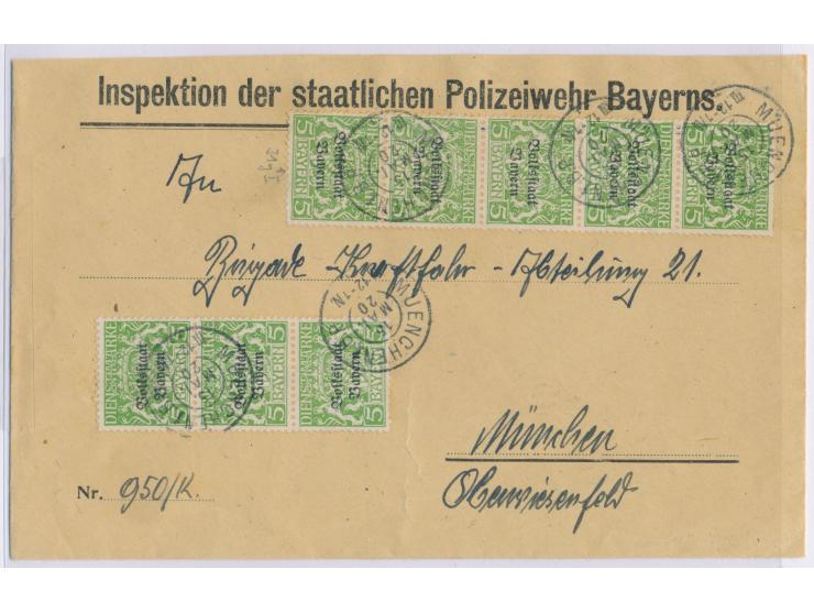 Volksstaat Bayern: 8 x Dienstmarke 5 Pf. auf Ortsbrief mit Stempel Muenchen 1 B.P.15. Mai 1920, Absender "Inspektion der staa