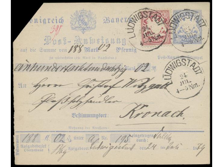 Postanweisung 20 Pfg. Wappen mit Zusatzfrankatur 10 Pfg., Stempel Ludwigstadt 24.7.(79), Ankunftstempel Kronach
Postleitzahl: