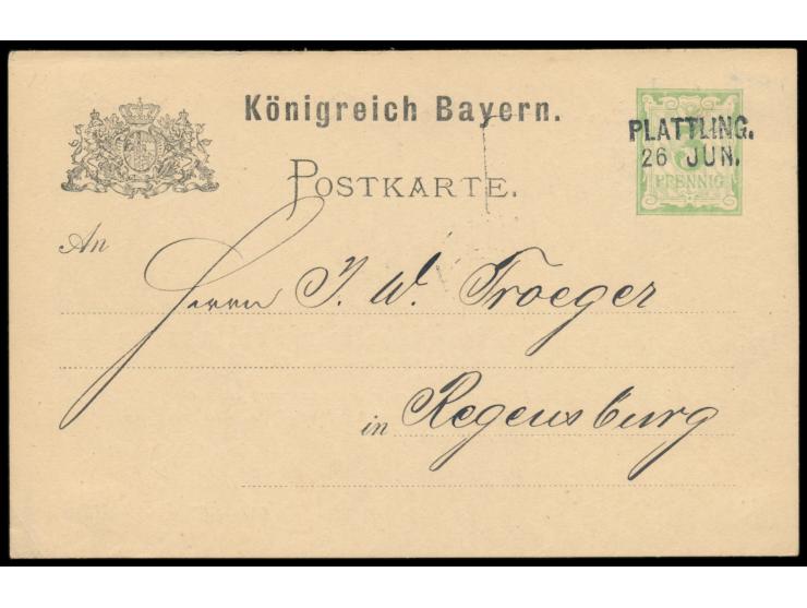 Ganzsache 3 Pfg. grün, rückseitig Zudruck  Andre Hofer Freilassing,  mit Text und Kopfbild, zweizeiliger  Aushilfsstempel Pla