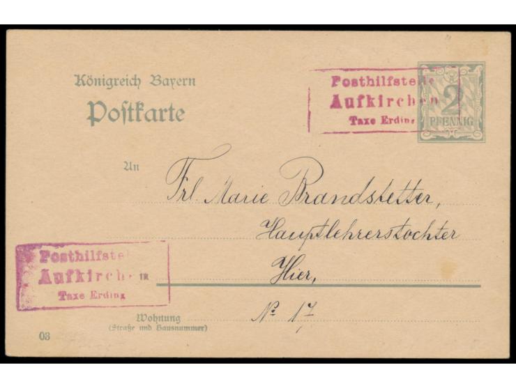 roter Posthilfsstempel  Aufkirchen Taxe Erding als  Entwertung  auf Orts-Ganzsache 2 Pf. (DrV 03), Grußtext, rückseitig klein