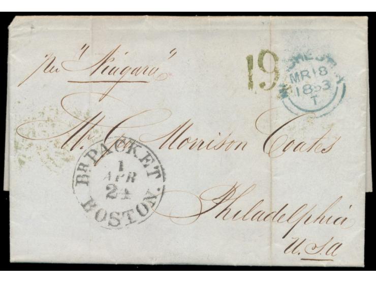 Faltbrief mit Steamer "Niagara"  nach Philadelphia / USA,  blauer Stempel  Manchester  18.3.1853, Durchgangsstempel Liverpool