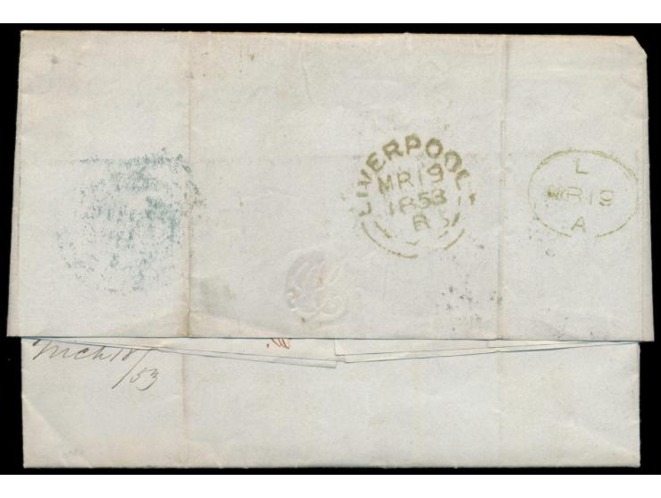 Faltbrief mit Steamer "Niagara"  nach Philadelphia / USA,  blauer Stempel  Manchester  18.3.1853, Durchgangsstempel Liverpool