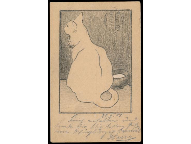 Ganzsache 2 Pf. mit rückseitig großflächiger  Bleistiftzeichnung einer Katze,  Zusatzfrankatur 3 Pf., Stempel Wuerzburg 1 21.