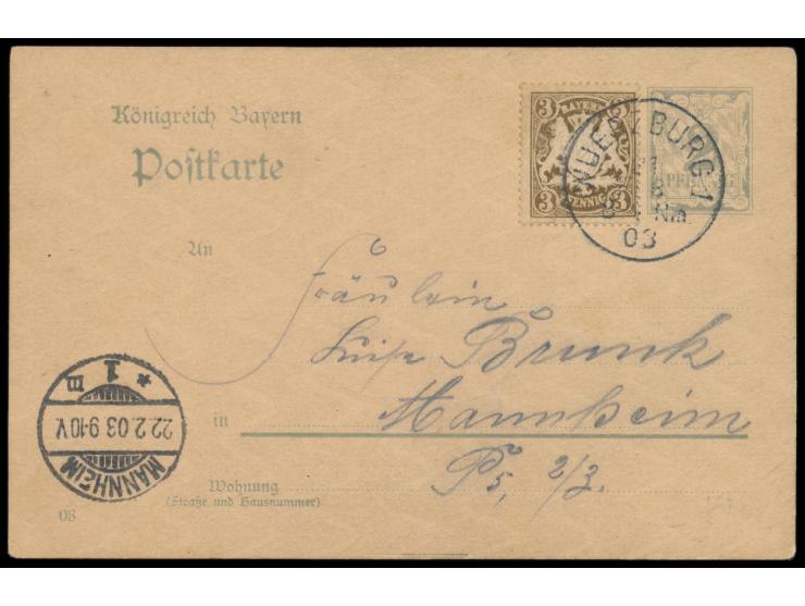 Ganzsache 2 Pf. mit rückseitig großflächiger  Bleistiftzeichnung einer Katze,  Zusatzfrankatur 3 Pf., Stempel Wuerzburg 1 21.