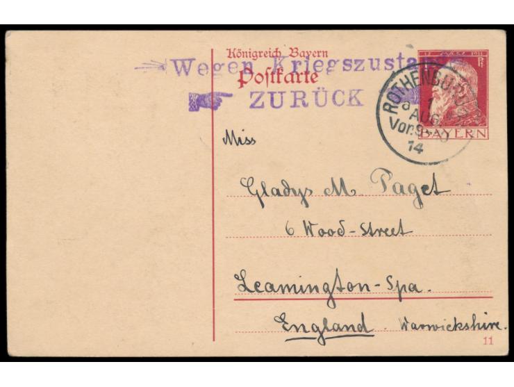 Ganzsache 10 Pf. mit Stempel Rothenburg o. T. 1.8.1914 nach England, violetter Setzkasten-L2  Wegen Kriegszustand / ZURÜCK , 