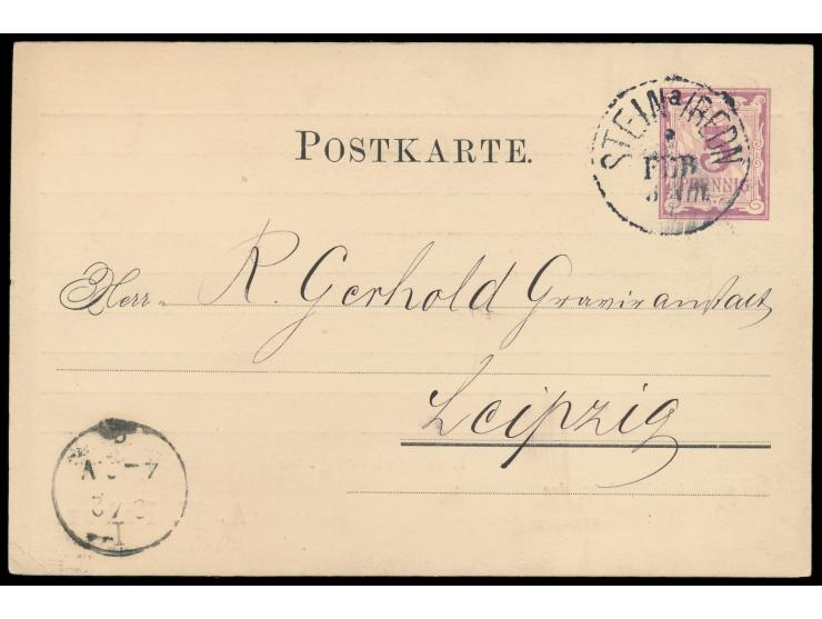 Privatganzsache 5 Pf. Ziffer violett,  Stein bei Nürnberg, A. W. Faber,  Stempel Stein a. Redn. 26.2.83, Ankunftsstempel Leip