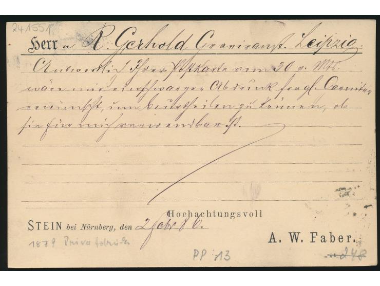 Privatganzsache 5 Pf. Ziffer violett,  Stein bei Nürnberg, A. W. Faber,  Stempel Stein a. Redn. 26.2.83, Ankunftsstempel Leip